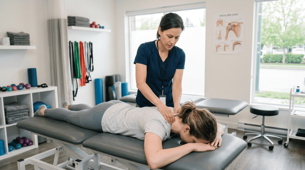 Physical therapist assessing a patient’s shoulder movement in a clinic